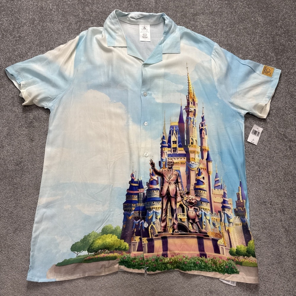 NWT Disney Button Shirt Medium Hawaiian Walt Castle 50th Parks World MSRP $60